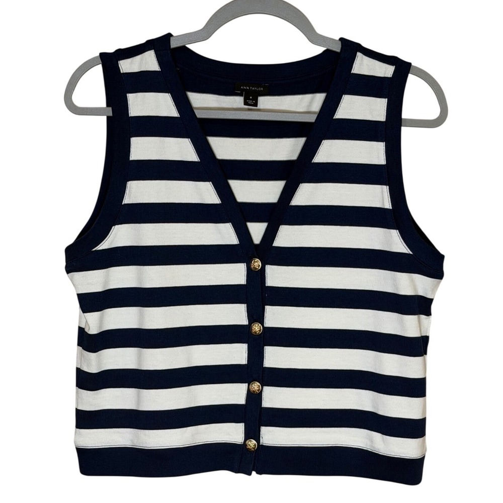 Ann Taylor Navy and White Striped V-Neck Sleeveless Button Cardigan - Picture 2 of 6
